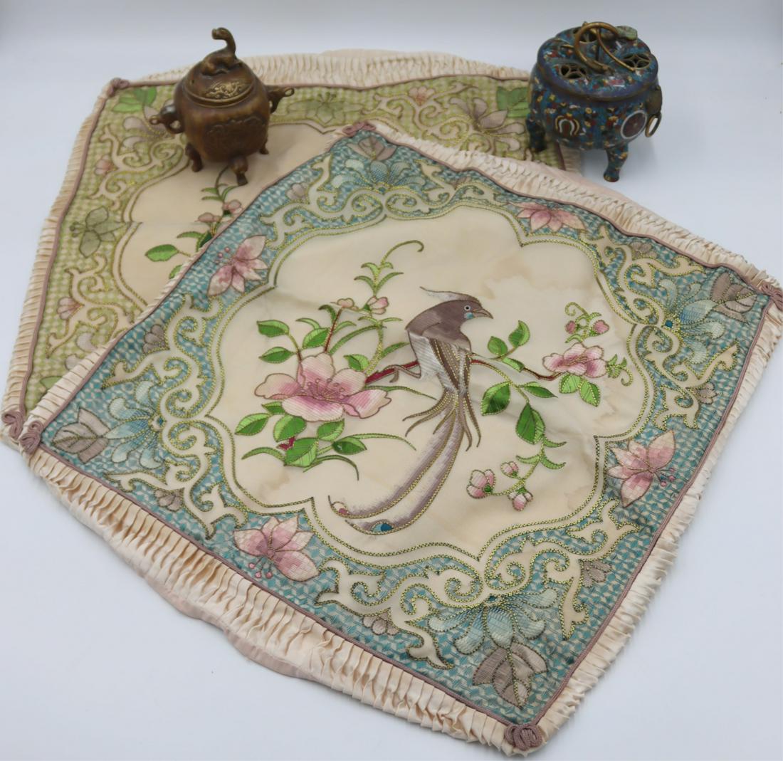 Chinese Decorative Objects Grouping.: Includes (2) Chinese embroidered pillowcases of 'birds and flowers'; a signed Chinese bronze footed censer with beast form finial; and a 19th century Chinese cloisonne footed gourd censer - one handle