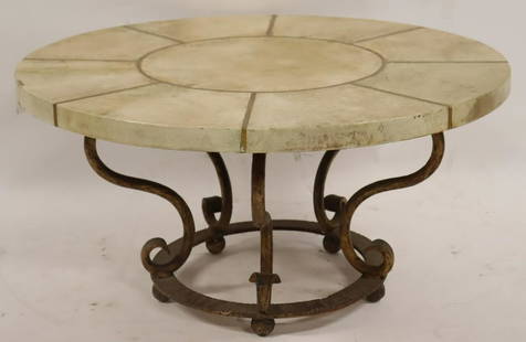 Midcentury Parchment Table On Gilt Metal Base.: Possibly Aldo Tura. From a Westport CT estate. - Dimensions: 16.5"H x 32"