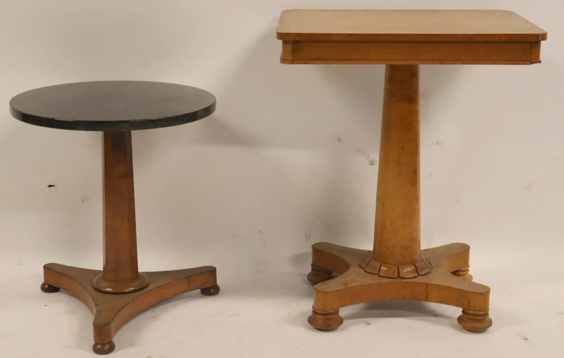 Biedermeier Table & Marble Top Stand.: Nice original tables with original patinas. From a Westport, CT estate. Dimensions: Biedermeier table: 27" h x 22.25" w x 14.75" d. Marble top stand: 20" h x 18" dia.