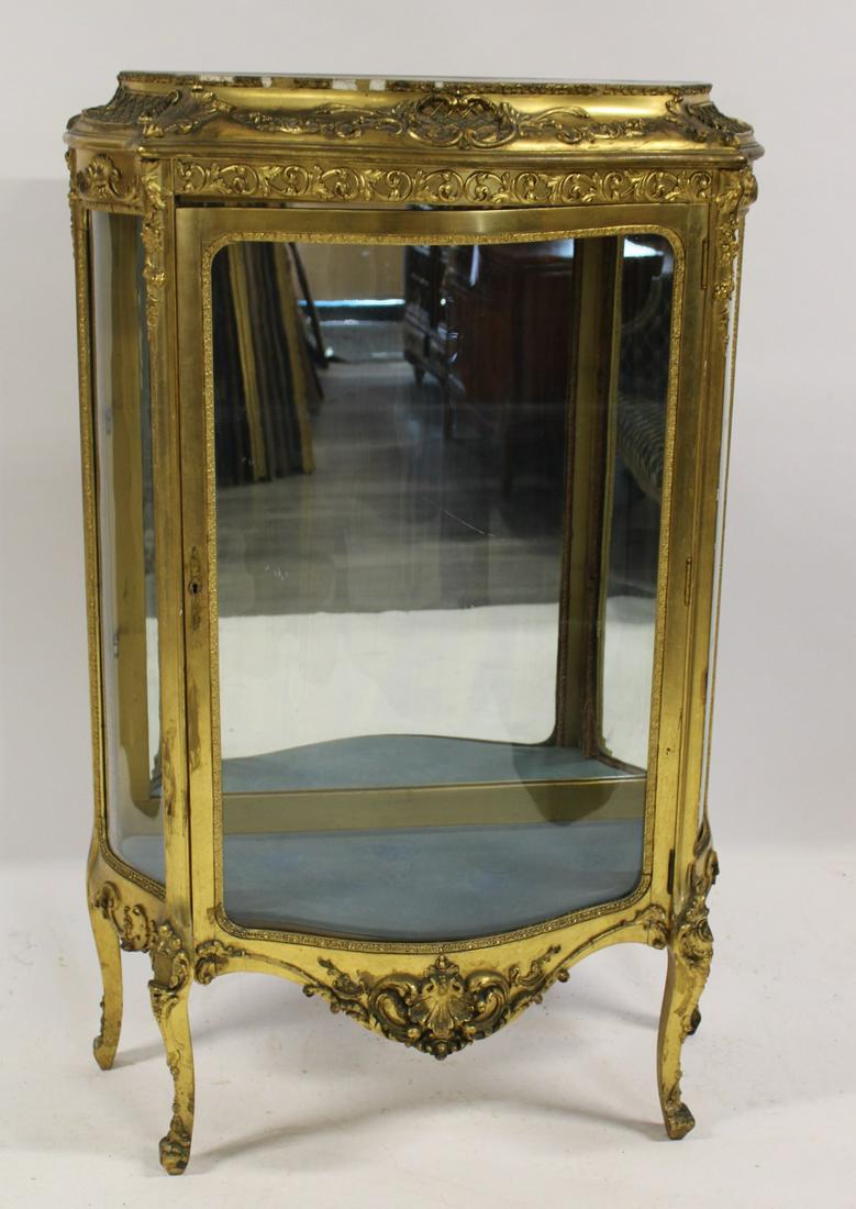Antique Louis XV Style Carved, Giltwood & Crown: Glass Vitrine. A well carved, good size vitrine with great patina. From a Queens NY estate. - Dimensions: 57" x 16" x 36"