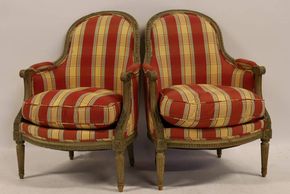 Pr Of Vintage Louis XV1 Style Upholstered Bergeres: Great fabric, down filled and finely carved. From a Bronx NY estate. - Dimensions: 37" x 25"