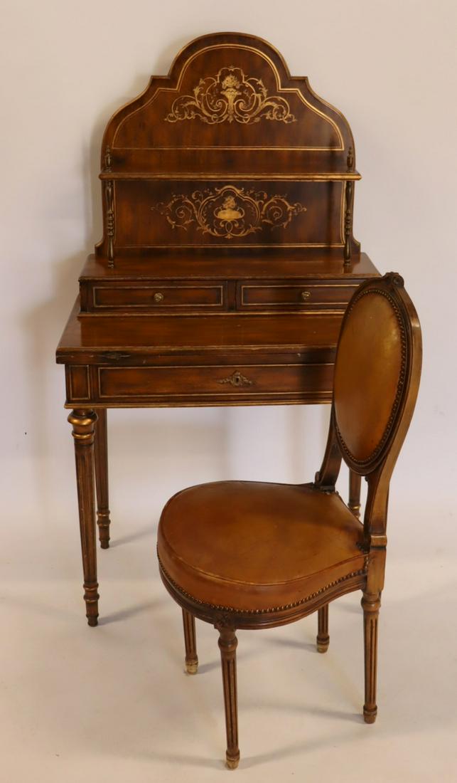 Louis XV1 Style Brass inlaid Desk With Backsplash.: And Chair. Writing surface folds down to 30". Comes with a French leather covered chair with brass tack decoration. - Dimensions: 57" x 32" x 18".