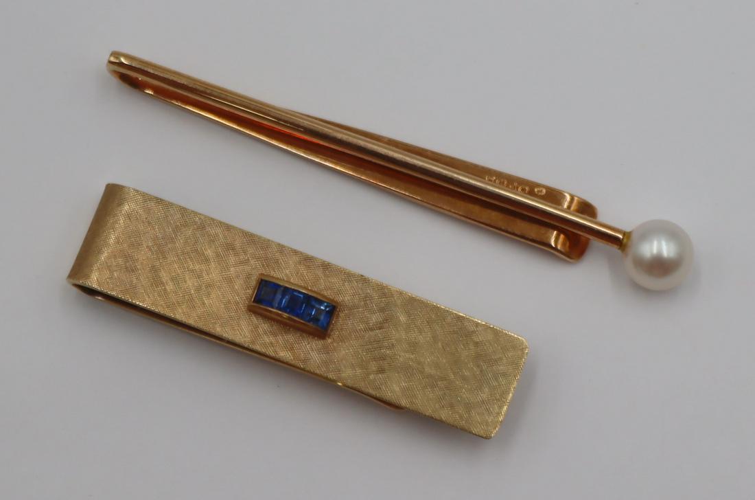JEWELRY. Tiffany Money Clip and Cartier Tie Bar.: Includes a Cartier 14kt yellow gold tie bar displaying a single pearl measuring approx. 6.5mm - stamped, Cartier 14K 76498"; and a Tiffany & Co. 14kt yellow gold money clip displaying a panel