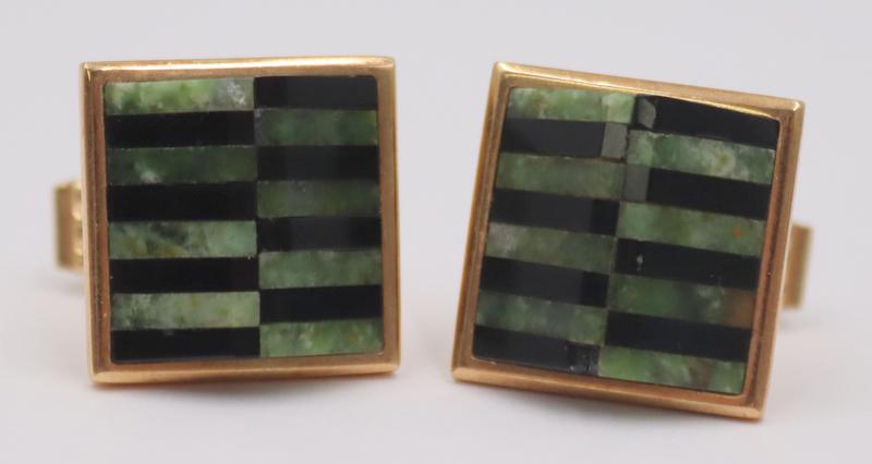 JEWELRY. Pair of Signed 14kt Gold, Onyx and Jade (1 of 9)