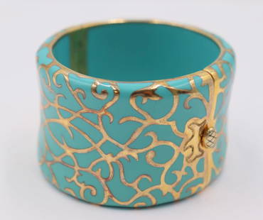 JEWELERY. Angelique de Paris Demi Jezebel Sterling: and Enamel Hinged Bangle Bracelet. A Angelique de Paris Demi Jezebel sterling gold washed and enamel hinged cuff. Stamped, "Angelique de Paris 925". Total approx. weight is 3.69 troy oz (gro