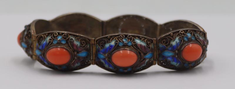 JEWELRY. Chinese Silver, Enamel and Coral Bracelet (1 of 8)