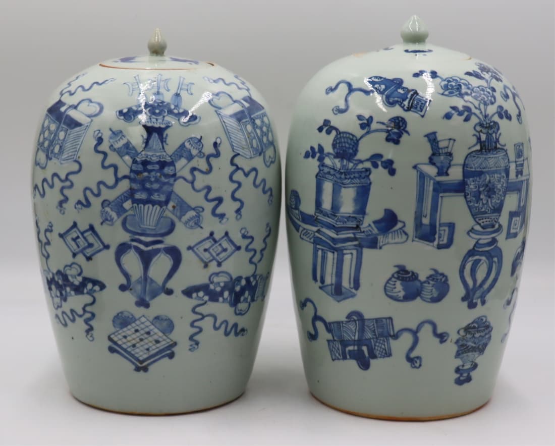 Near Pair of Chinese Celadon Blue and White Lidded (1 of 15)