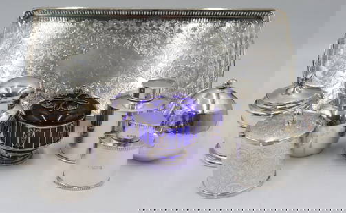 SILVER. Collection of English Silver, Sterling and: Silverplate Tablewares. Includes a signed French silver mounted cobalt glass lidded jar; an Ilias Lalaounis .800 Greek handhammered silver lidded vessel; an S. Kirk & Son sterling lidded vessel; a