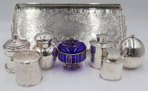 SILVER. Collection of English Silver, Sterling and: Silverplate Tablewares. Includes a signed French silver mounted cobalt glass lidded jar; an Ilias Lalaounis .800 Greek handhammered silver lidded vessel; an S. Kirk &amp; Son sterling lidded vessel; a