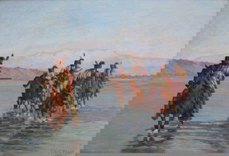CHARLES CRAIG (AMERICAN, 1846-1931).: "Five Indians Crossing a River". Oil on canvas, 1905. Signed and dated lower right. Name / title plaque affixed to frame. Provenance: Biltmore Gallery, Scottsdale AZ. From a Madison Ave, NYC