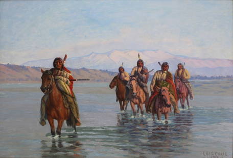 CHARLES CRAIG (AMERICAN, 1846-1931).: "Five Indians Crossing a River". Oil on canvas, 1905. Signed and dated lower right. Name / title plaque affixed to frame. Provenance: Biltmore Gallery, Scottsdale AZ. From a Madison Ave,