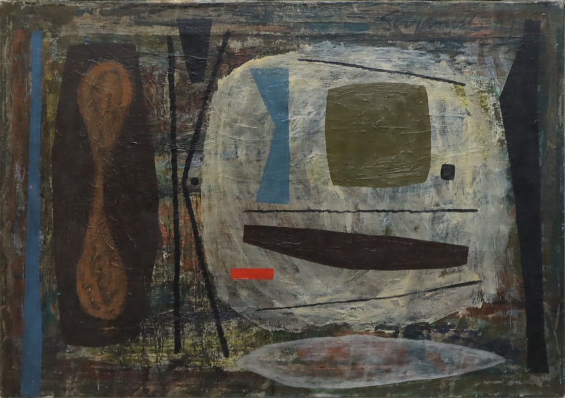 JOE STEFANELLI (AMERICAN, 1921-2017).: Untitled- Abstract Composition, 1949. Oil on canvas. Signed and dated upper right. From a New York collection. - Dimensions: 21" h x 30" w.
