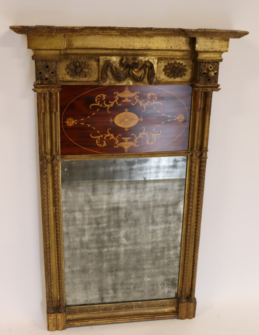 Antique Carved, Giltwood & Inlaid Mirror.: Great mirror, large with inlaid panel. From a West Islip, NY estate. - Dimensions: 55" h x 35" w.