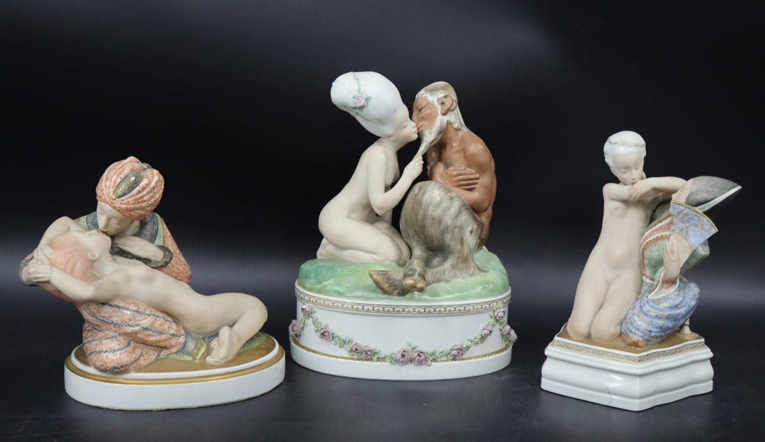 Three Royal Copenhagen Figurines Gerhard Henning: "Fairy Tales". Number 1664, reclining nude, (8" h x 9" w x 6" d), marked "11.9.1957", and "hax", other marks, number 1586, figure with fan, (9.5" h),