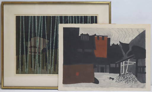 KIYOSHI SAITO (Japan, 1907-1997).: Includes a loose Kiyoshi Saito Japanese woodblock print, titled, &quot;Ancient City Nara&quot; - pencil signed lower left, with an inscription to the lower border, &quot;29/100 Design Made in 1954 Pri