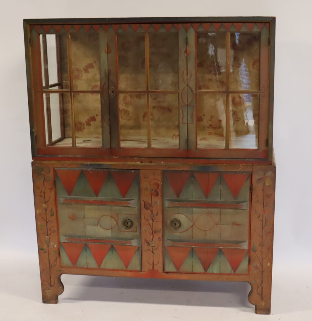 Folk Art Paint Decorated 2-Part Cabinet. (1 of 16)