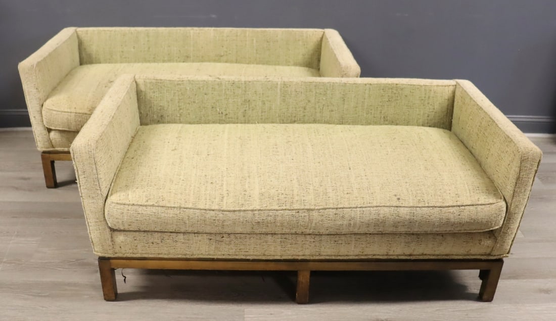 A Midcentury Pair Of Upholstered Settees.: Nice size, lines and good to have a pair. From a Brooklyn, NY estate. - Dimensions: 25" h x 59" w x 29" d.