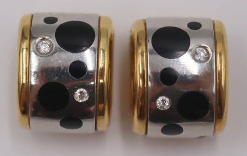 JEWELRY. Pair of Signed Michael Bondanza 18kt: Gold, Platinum, Enamel and Diamond Earrings. Pair of signed Michael Bondanza 18kt yellow gold and platinum earrings displaying black enamel circles and a total of (4) round brilliant cut diamonds. Sta