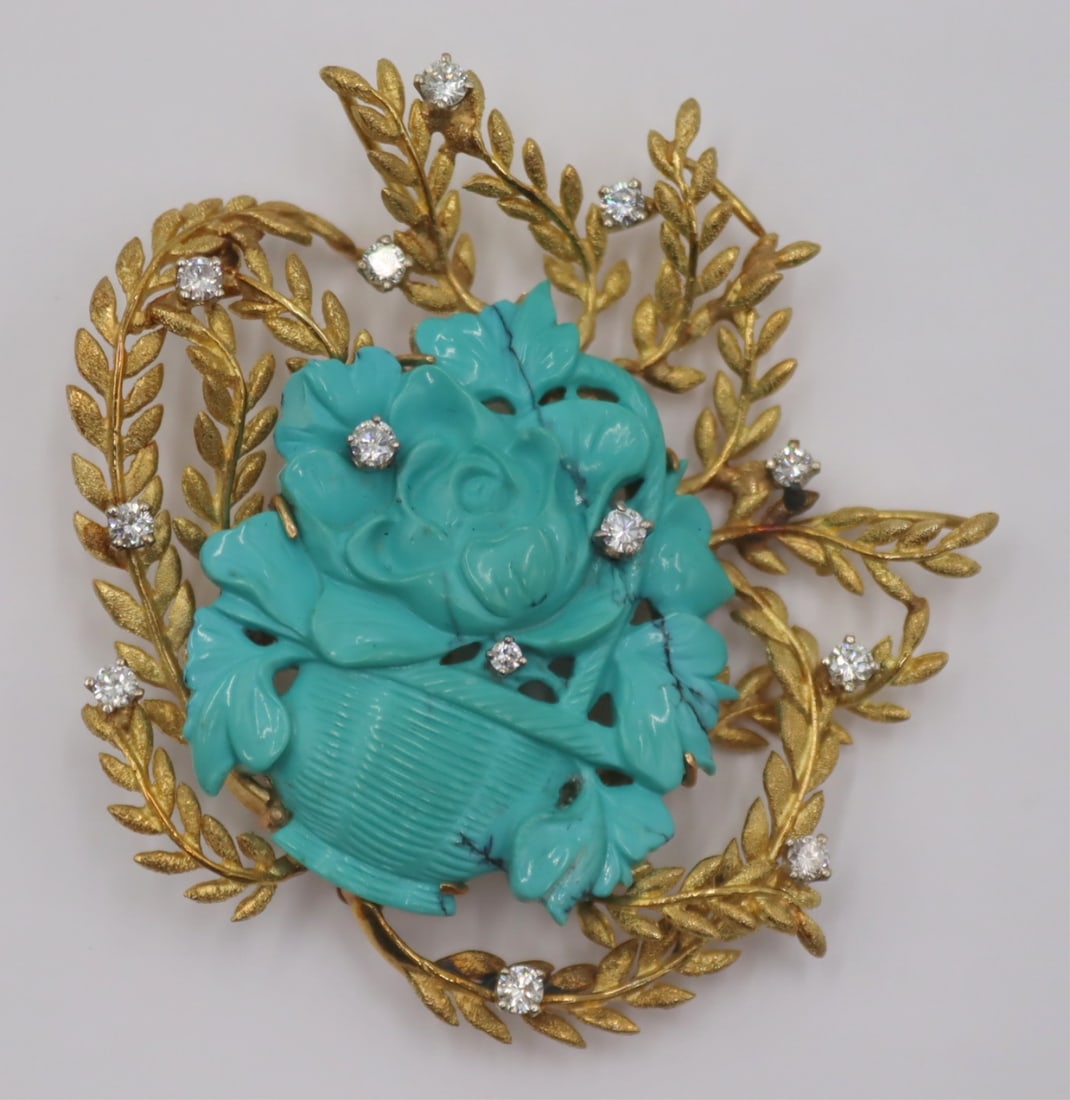 JEWELRY. 18kt Gold, Turquoise and Diamond Brooch. (1 of 9)