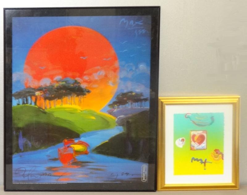 MAX, Peter. Mixed Media on Paper Heart together: with a Hand Signed Poster. Acrylic and lithograph collage on paper heart - signed lower center, 9.75" high x 8" wide. "Without Boarders" poster - signed in black ink lower left and dated 1989 lower ri