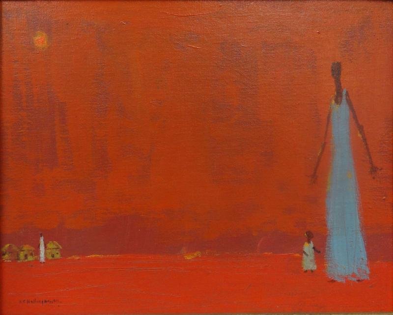 HOLLINGSWORTH, Alvin C. O/Canvas Board of Figures: in Landscape. Signed lower left. Alvin Carl Hollingsworth, African-American, 1928 - 2000. From a Mt. Vernon, NY estate. Dimensions: 16" high x 20" wide. Condition: Good.