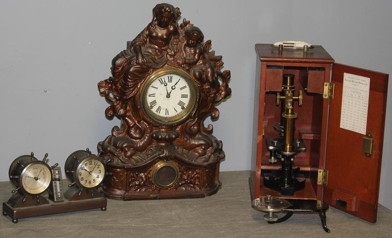 Clocks, Barometer, Microscope Lot. - 2