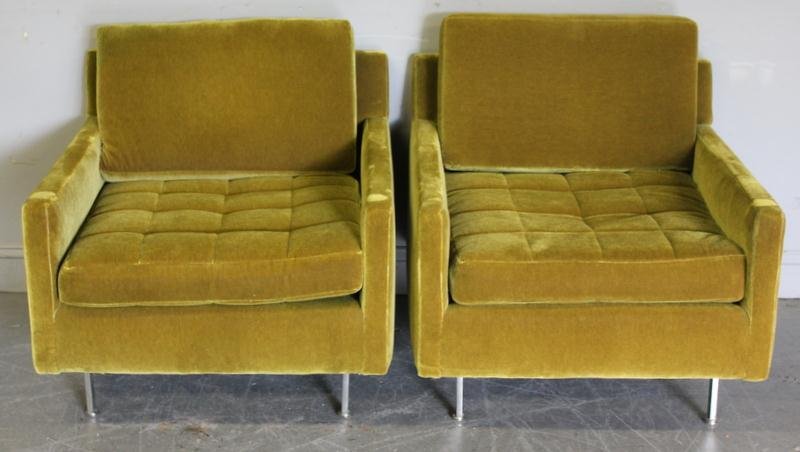Pair of Possibly Milo Baughman Upholstered Chairs.: Pair of arm chairs raised on chrome feet with green velvet style upholstery. From a Scarsdale, NY estate. Dimensions: 33" wide x 28" deep x 30" high. Condition: Good.