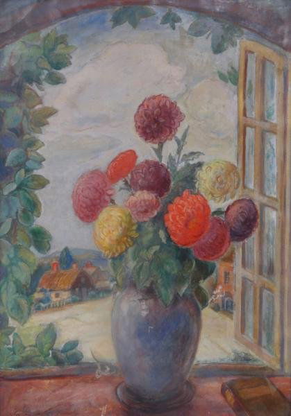 GUSSOW, Bernard. Oil on Canvas Floral Still Life: on Windowsill. Signed lower left. Bernard Gussow, Russian-American 1881 - 1957. From a Palm Beach, FL estate. Dimensions: 35" high x 25" wide. Condition: As is. L-shaped tear lower left, T-shaped tear