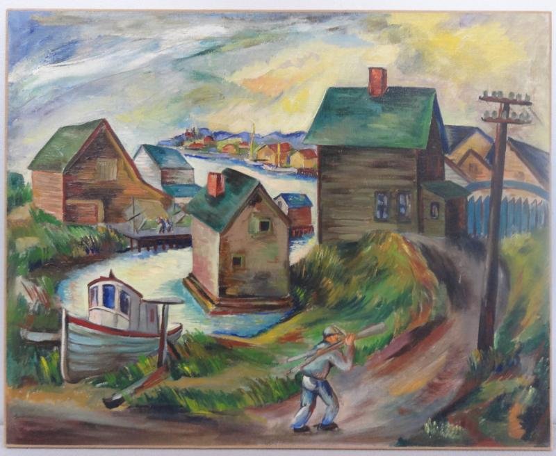 NELSON, Ralph. WPA O/C "Gloucester Cove.": Not apparently signed, WPA labels verso. Priced at $5,000 verso. From the estate of a NYC art restorer. Dimensions: 24" high x 30" wide. Condition: Good, light surface grime. Unframed.