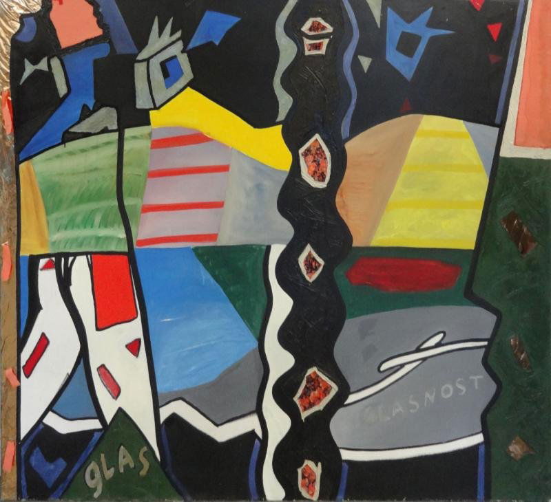 PUSENKOFF, George. Abstract Mixed Media/Canvas.: "New Life." Signed, dated 1988 and inscribed in Cyrillic verso. From a Stamford, CT home. George Pusenkoff, Russian, b. 1953.