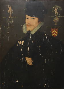 CIRCLE OF GEORGE GOWER, (BRITISH, c.1540-1596).: Portrait of a Gentleman, Dressed in Black, Three-Quarter Length, Surrounded by Heraldic Emblems . Oil on panel. Reverse with labels one reading 'Churchill' and Christie's stencils. From a Scarsdale