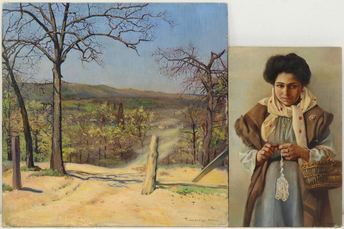 FRANK VON DER LANCKEN (AMERICAN, 1872-1950).: Pair of works: Oklahoma Landscape with Oil Wells & Portrait of Oklahoma Woman with Basket. Both oils on board. Each signed at lower right. The Landscape is inscribed on the back in pencil. From fa