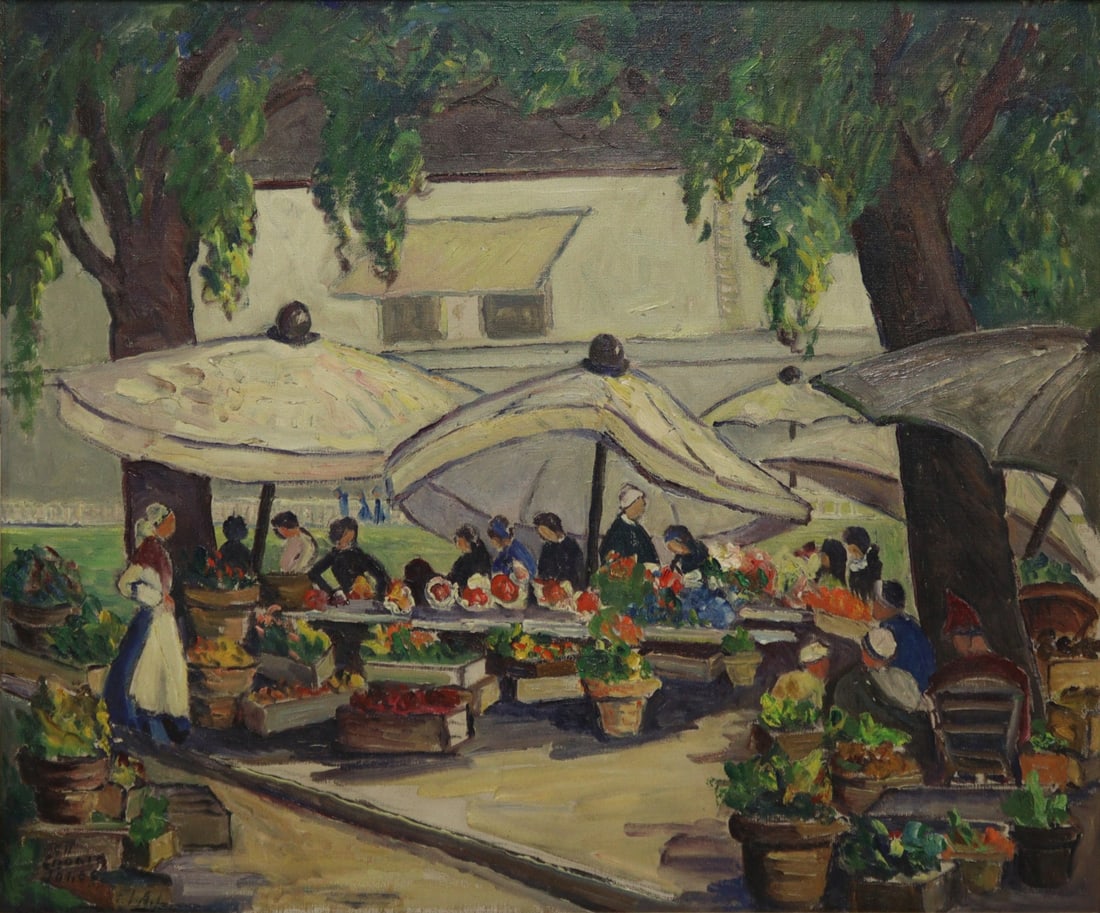 NELL CHOATE JONES (AMERICAN, 1879-1981).: Flower Market. Oil on canvas. Signed lower left. From a New Rochelle, NY collection. - Dimensions: 20" h x 24" w.