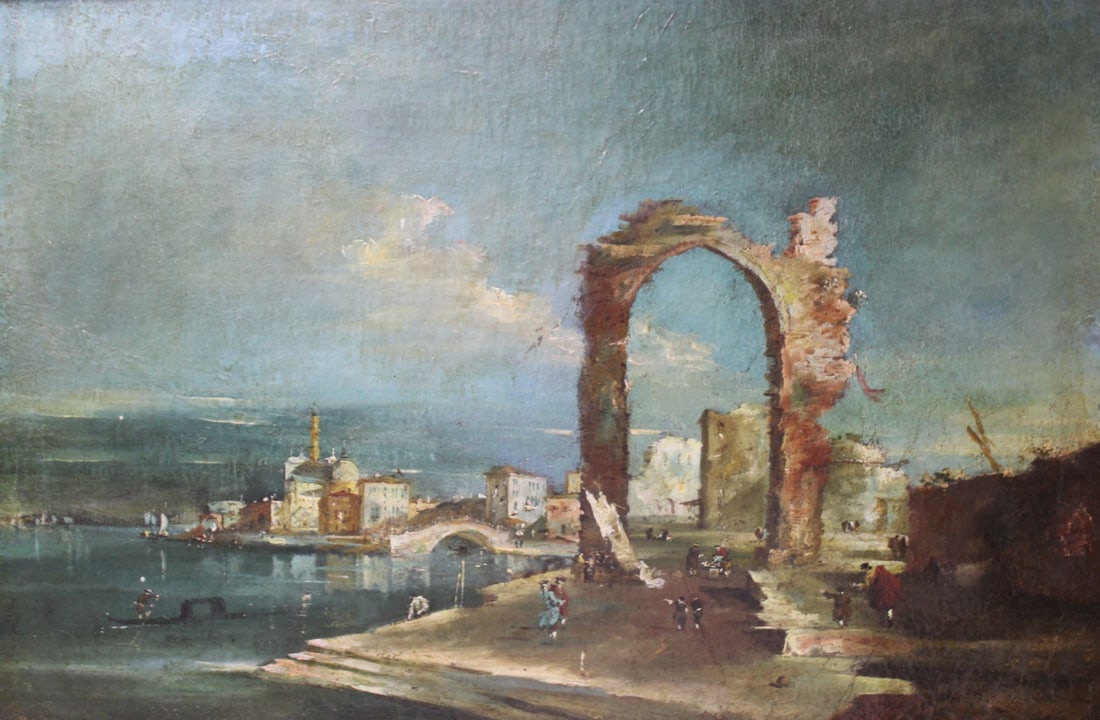 MANNER OF FRANCESCO GUARDI: Capriccio with Arched Ruin. Oil on canvas. Apparently unsigned. Christie's sticker and 'Christie's P' stamp traces on backing. From an Orange County, NY collection. - Dimensions: 23.5" h x 35.5" w.