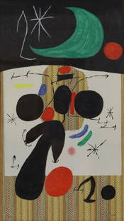 JOAN MIRO (SPANISH, 1893-1983).: 'Interior et Nuit', (Interior and Night) 1969. Lithograph in colors on textured wallpaper. Signed and numbered 51/75 in pencil, lower margins. From a Larchmont, NY Collection. - Dimensions: Site 37"h