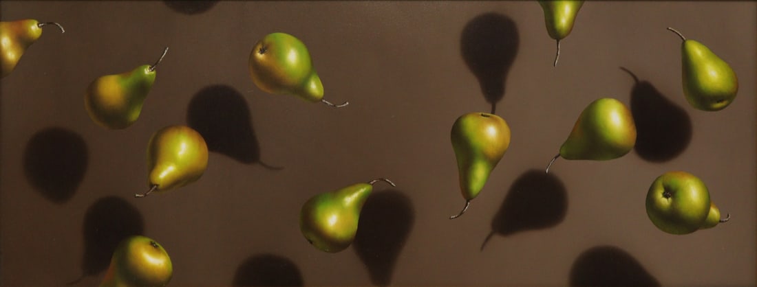 OTTO DUECKER (AMERICAN, B. 1948).: Eleven Bartlett Pears. Oil on board. Signed and dated '91 to verso. Elaine Horwitch Gallery Label to verso. From a Locust Valley, NY estate. - Dimensions: 14" h x 36" w.