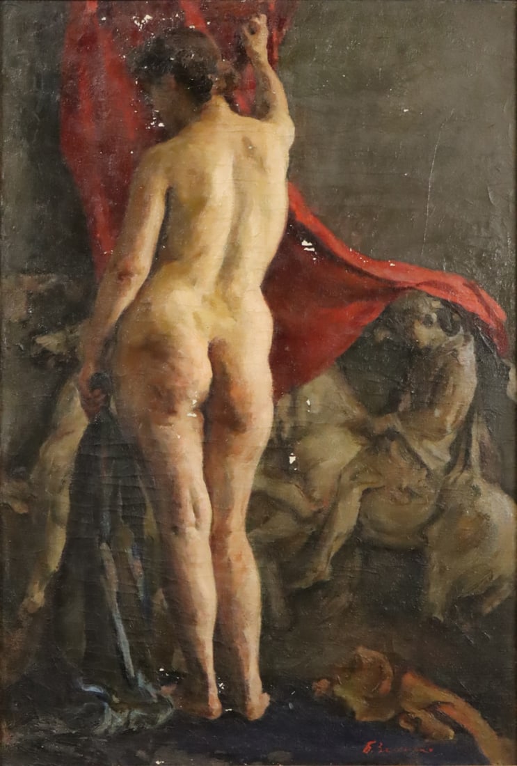CONTINENTAL SCHOOL (19th/ 20th CENTURY): Standing Nude Pulling Red Drapery and Sculpture of Horse and Rider in Background. Signed lower right. Oil on canvas laid to board. From a New Rochelle, NY estate. - Dimensions: 30.75" h x 21.75" w.