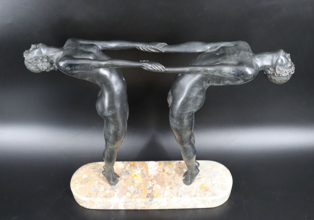 Art Deco Bronze Sculpture On Marble Base.: Two Nude ladies. Very well executed and apparently unsigned. From a Brooklyn, NY estate. - Dimensions: 13.5" h x 16.5" w.