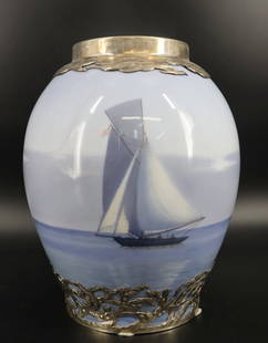 A Royal Copenhagen Seascape Vase with Sterling: Silver Overlay by A. Michelsen 1915. All silver marked and vase signed on base. From a Locust Valley Long Island, NY estate. - Dimensions: 12.5" h.