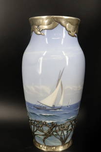 A Royal Copenhagen Seascape Vase with Sterling: Mounts by A. Michelsen 1915. Silver marked and vase signed on base. From a Locust Valley, NY estate. - Dimensions: 13" h.