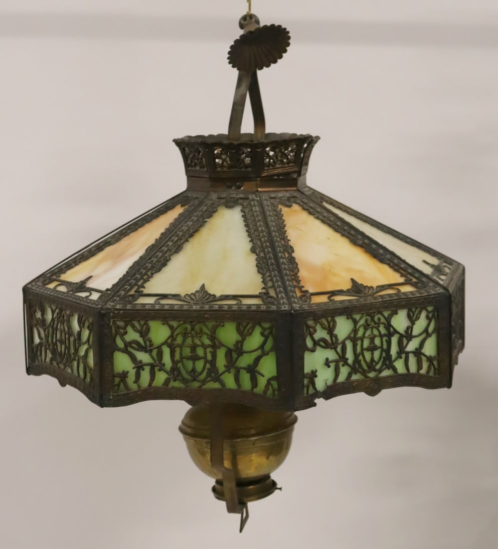 Arts & Crafts Slag Glass Oil Chandelier.: Good large size and in nice original condition. From a Larchmont, NY estate. - Dimensions: 22" h x 28" w.