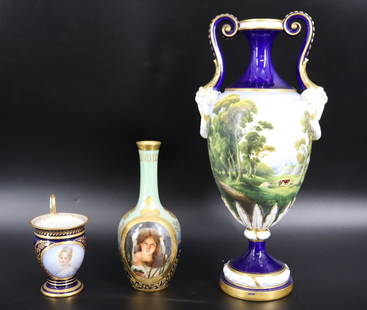 Royal Worcester, Royal Vienna &amp; Sevres Porcelain: Lot. To include a tall Worcester urn (12.5&quot; h), a Vienna vase (6.75&quot; h) and a Sevres cup (4&quot; h). From a Larchmont, NY estate.