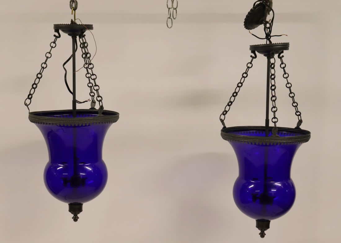 A Vintage Pr Of Cobalt Hurricane Chandeliers.: From a Westchester NY home . - Dimensions: 24" x 12"