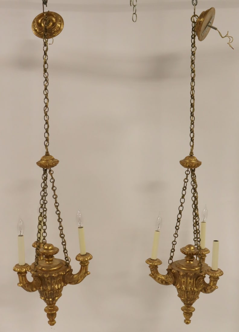 A Pair Of Carved & Giltwood Italian Chandeliers.: From a Premium Point, New Rochelle, NY estate. - Dimensions: 30" x 13"