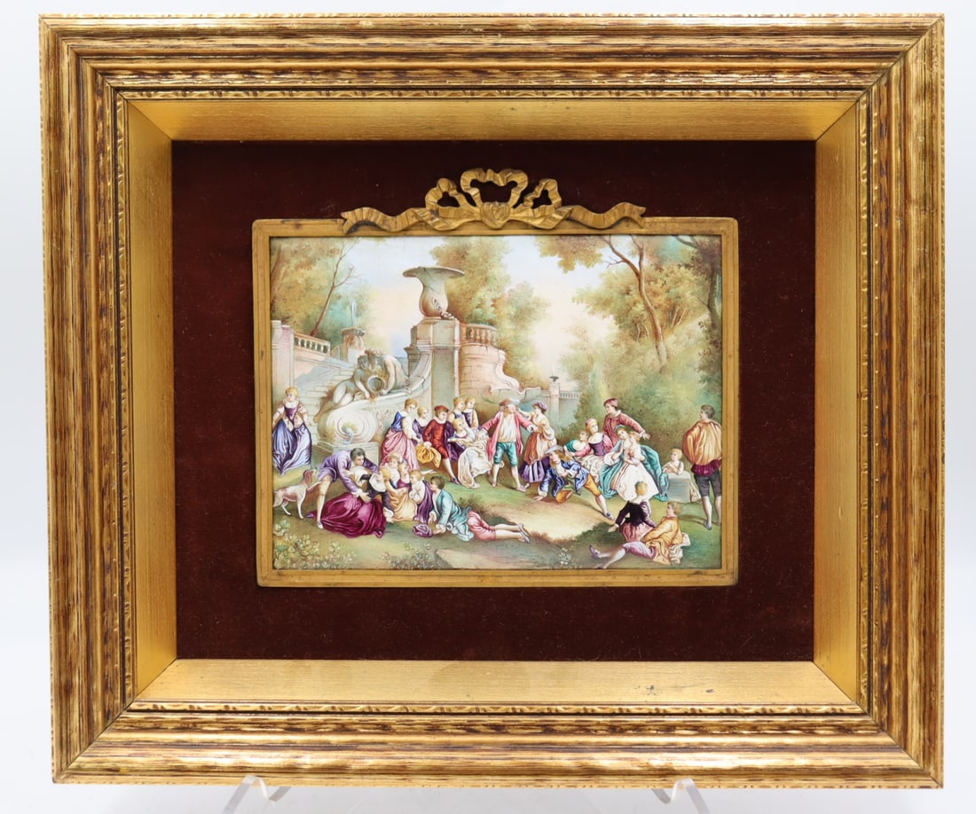 Antique French Enamel Painting On Metal.: Nicely executed framed and with gilt bronze mounted. From a Stamford, CT estate. - Dimensions: 6 3/4" h x 8 7/8" w.