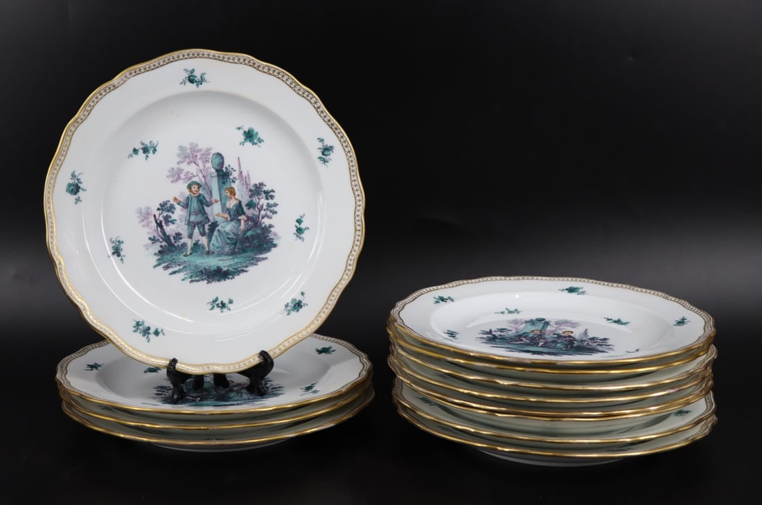 A Set of 12 Antique Meissen Hand Painted Plates (1 of 6)