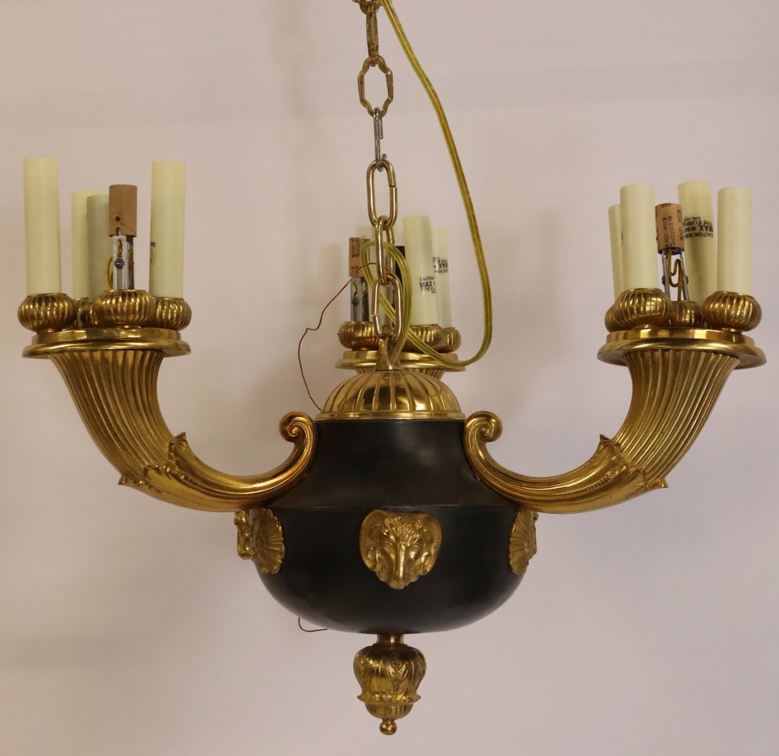 Gilt And Patinated Bronze Empire Style Chandelier.: From a Locust Valley, NY estate. - Dimensions: 12" h x 22" w.
