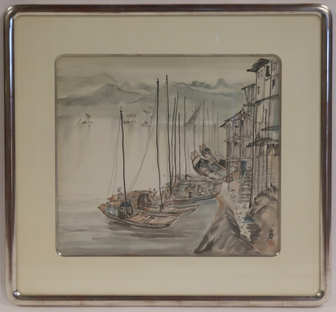 Signed Chinese? Watercolor of Ships in a Harbor. (1 of 9)