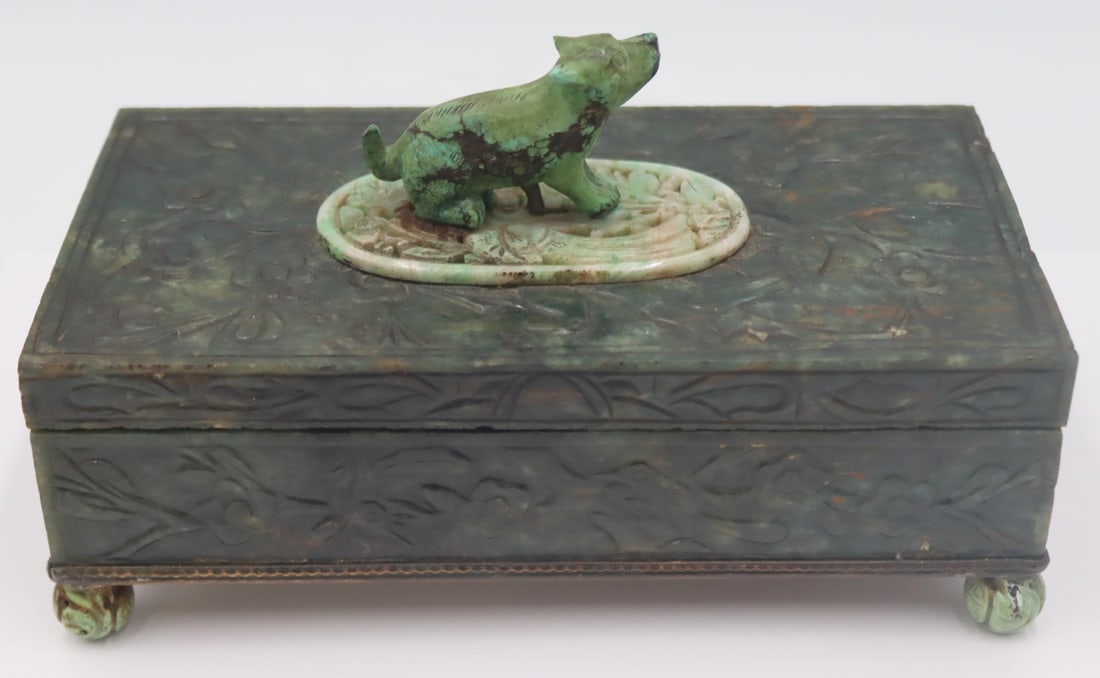 Chinese Carved Lidded Box with Jade and Turquoise (1 of 15)