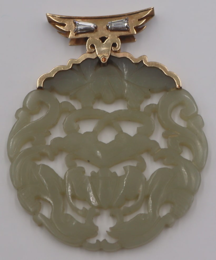 JEWELRY. 14kt Gold Carved Jade and Diamond Pendant (1 of 10)